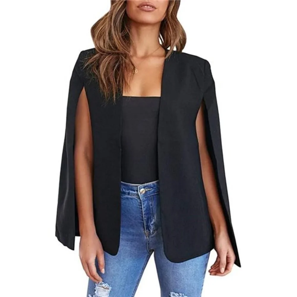 Women's Elegant Casual Cape Coat Sleeve Blazer Jacket, Black